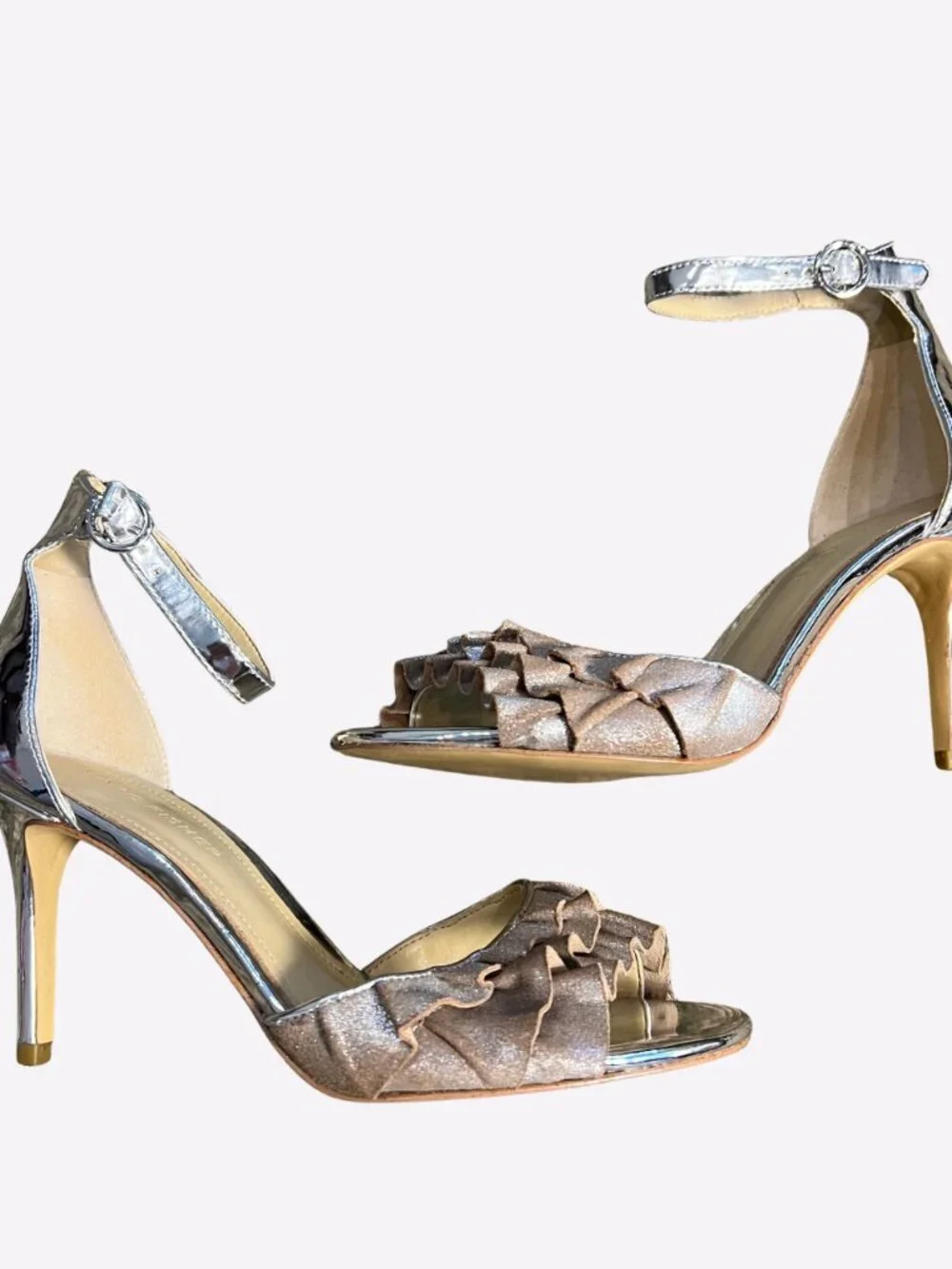 Marc Fisher MFBalia Silver Ruffle Heeled Leather Sandal Womens Size 6 Party Fun